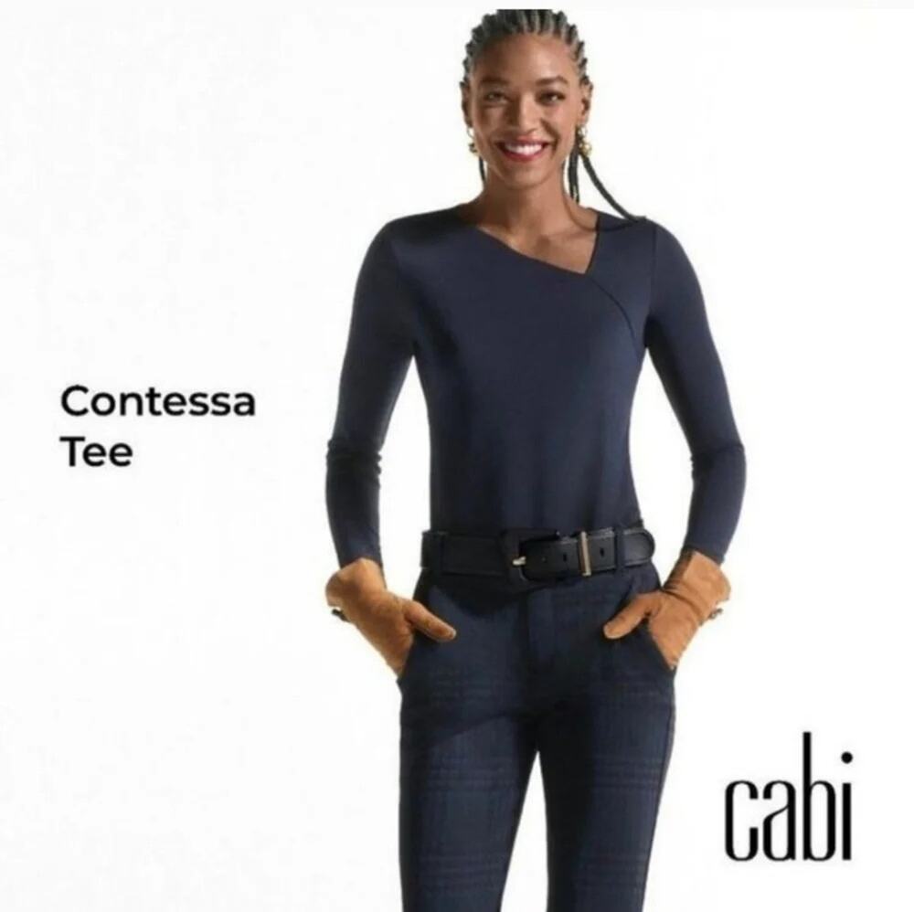 Cabi Top Medium Navy Blue Contessa Asymmetric Long Sleeve Stretch 4371